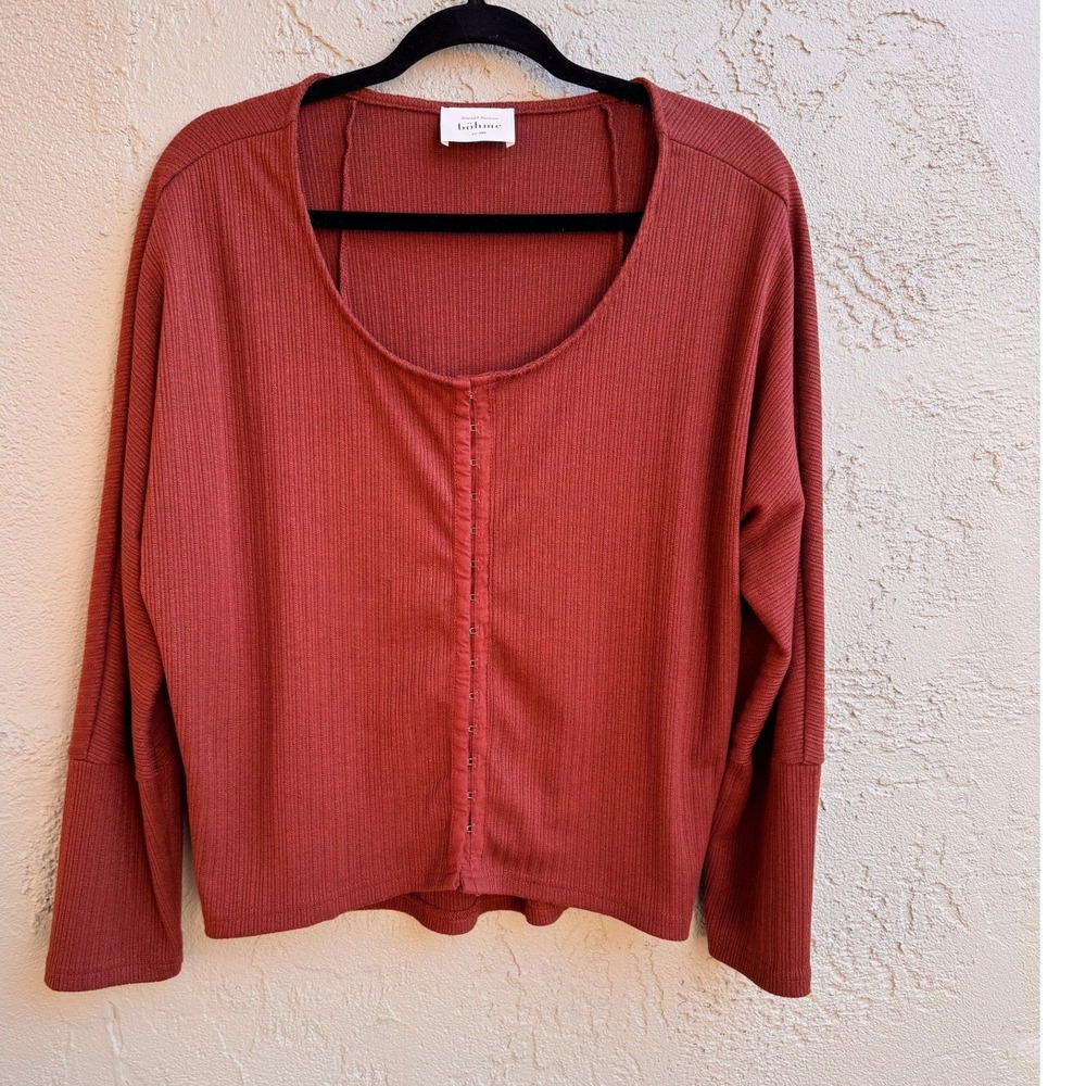 Böhme Women Rust Top Blouse Ribbed Hook Eye Casual Minimalist Earthy Boho Indie